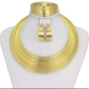 Gold collar necklace, bracelet, earrings and ring set